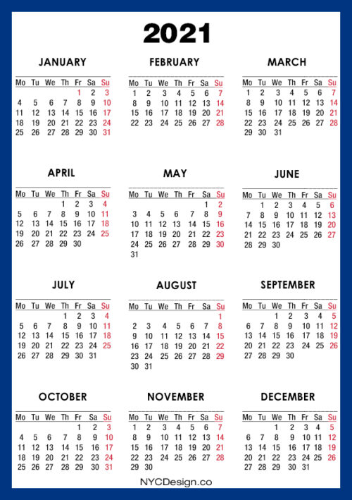 2021 Calendar Printable – A4 Paper Size, Blue – Monday Start ...