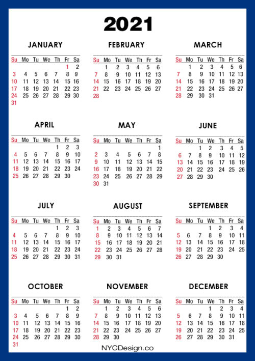 2021 Calendar Printable – A4 Paper Size, Blue – Sunday Start ...