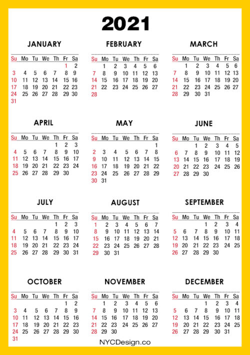 2021 Calendar Printable – A4 Paper Size, Orange, Yellow – Sunday Start ...