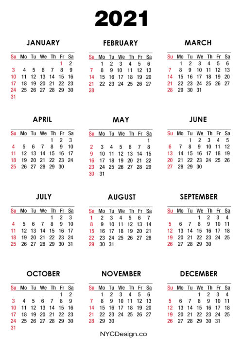 2021 Calendar PDF – Printable, White, MS – NYCDesign.co: Printable Things