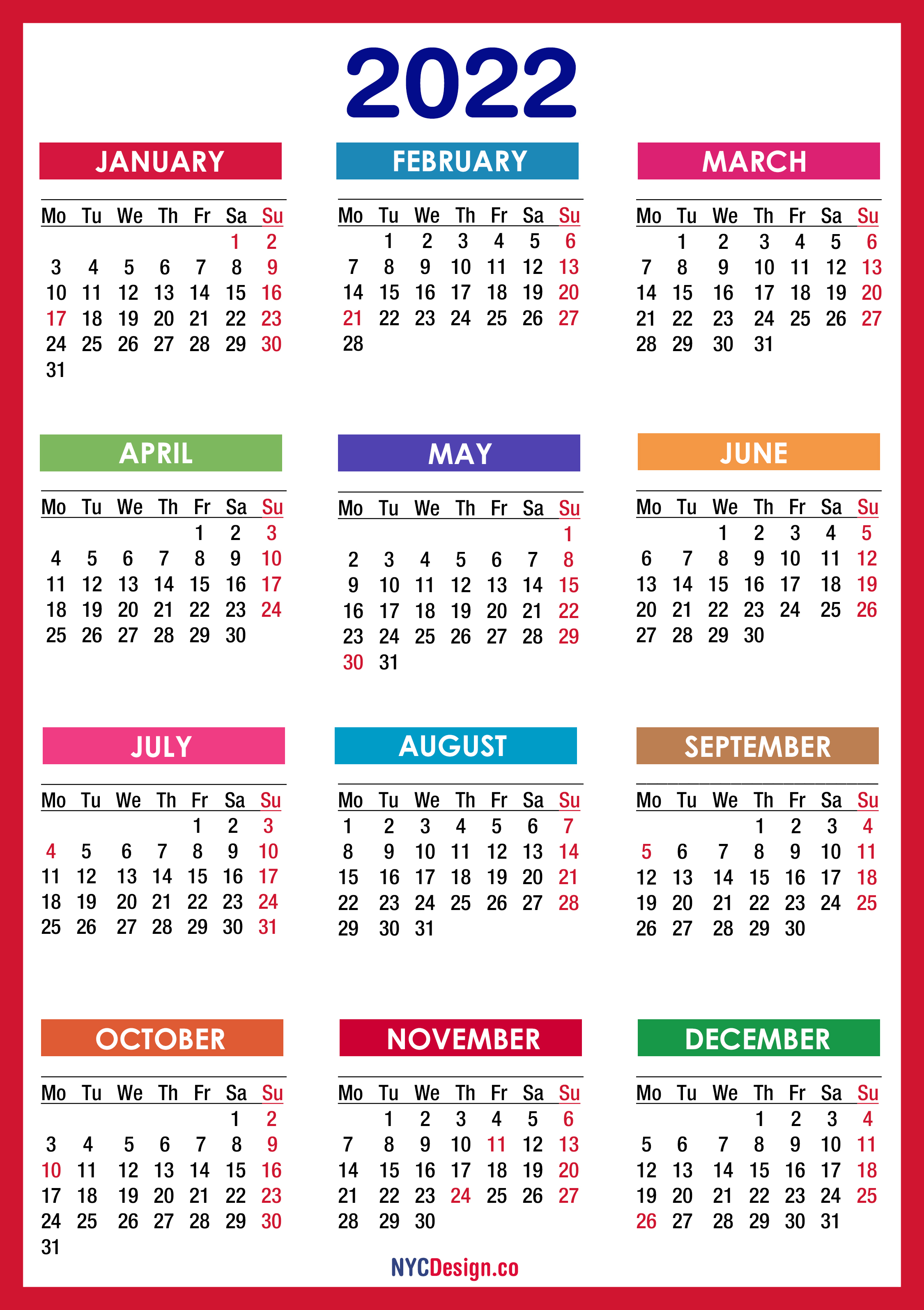 2022 Calendar With Holidays Printable Free Pdf Colorful Red Orange