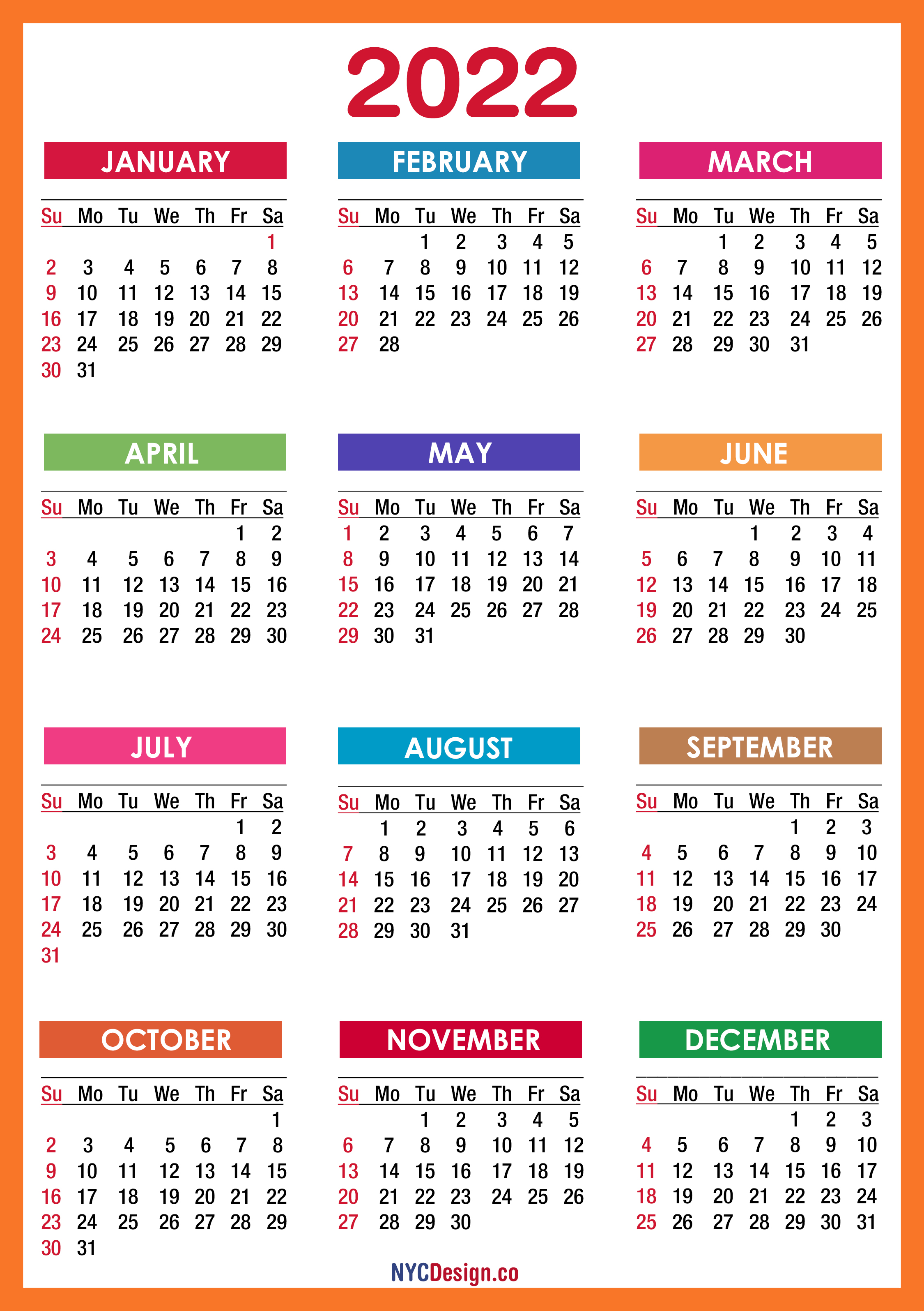 2022 monthly printable calendar