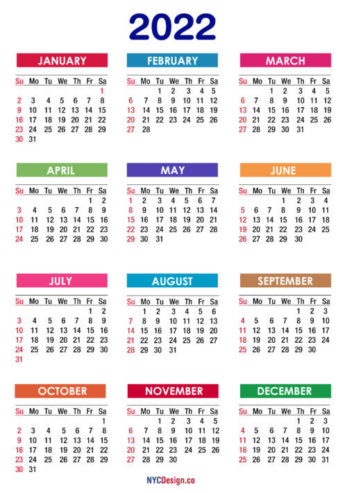 2022 Calendar Printable Free, PDF, Colorful – Sunday Start – NYCDesign ...