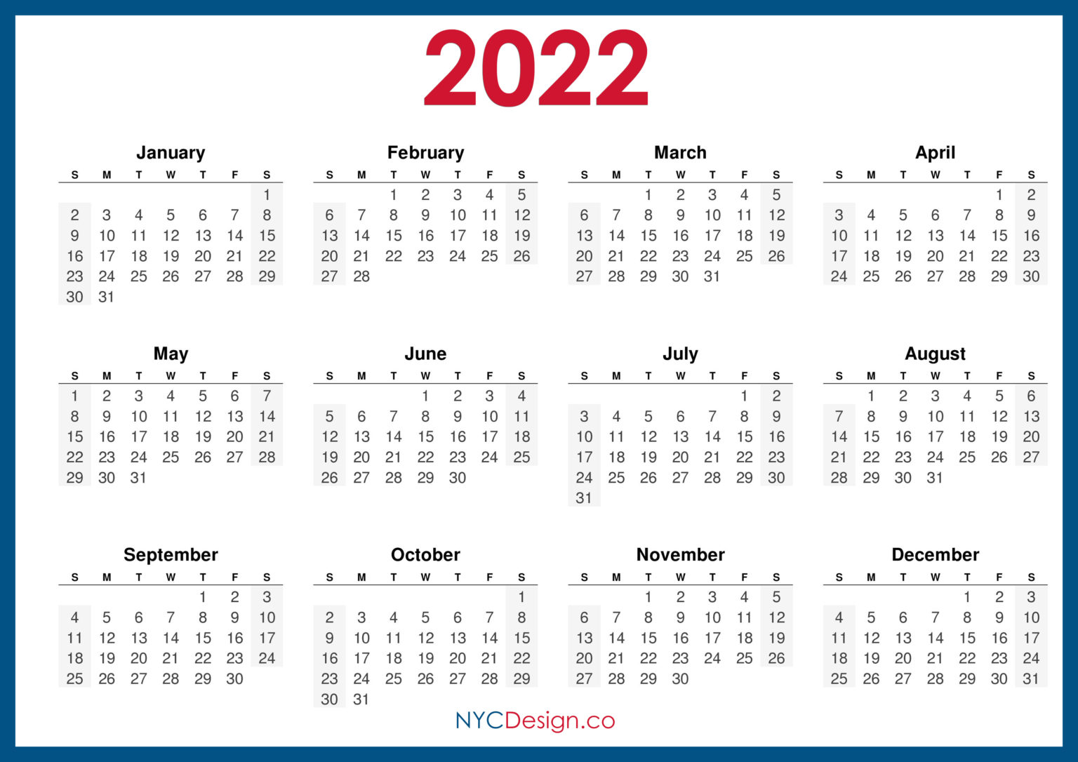 2022 Calendar Printable Free, Horizontal, Green, HD – Sunday Start ...