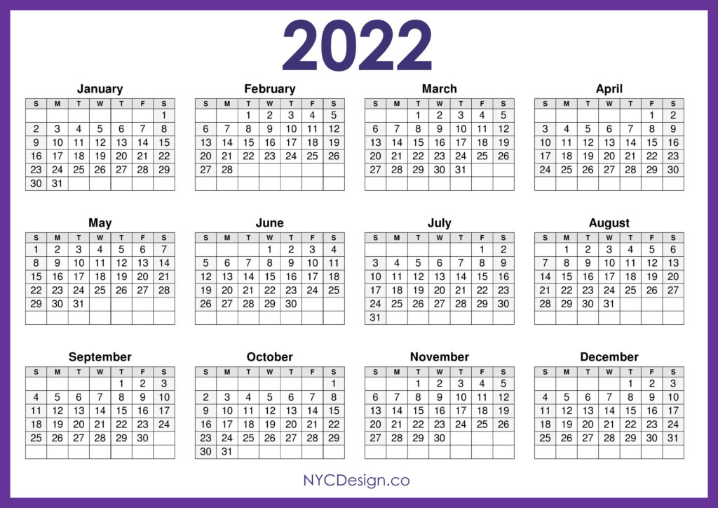 2022 calendar printable free horizontal purple hd