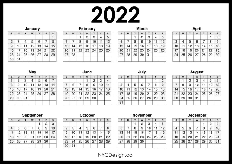 2022 Calendar Printable Free, Horizontal, Black, HD – Sunday Start ...