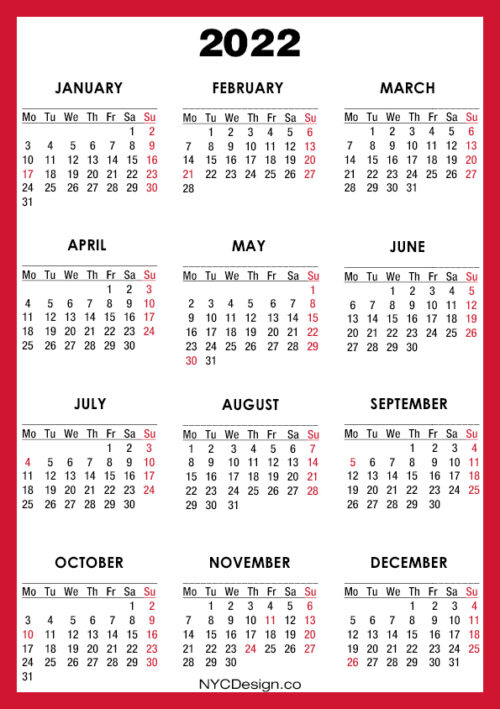 2022 Calendar With Us Holidays, Printable – A4 Paper Size, Red – Monday 