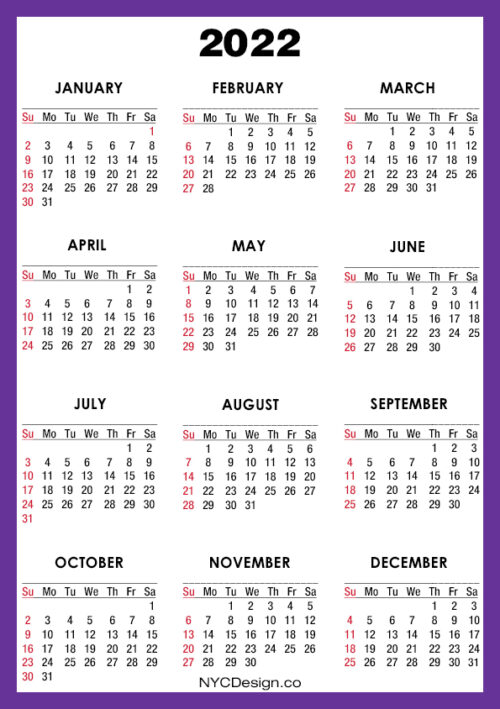2022 Calendar Printable – A4 Paper Size, Purple – Sunday Start ...