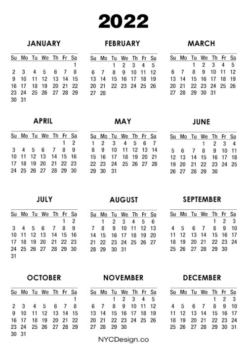 2022 Calendar Printable – A4 Paper Size, White – Sunday Start ...