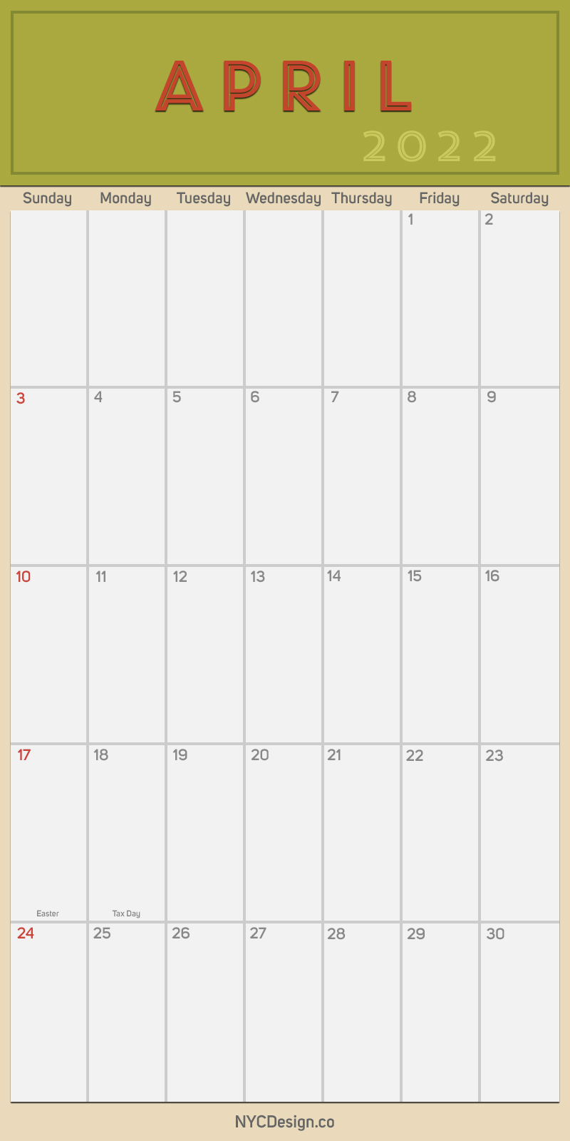 april 2022 blank calendar
