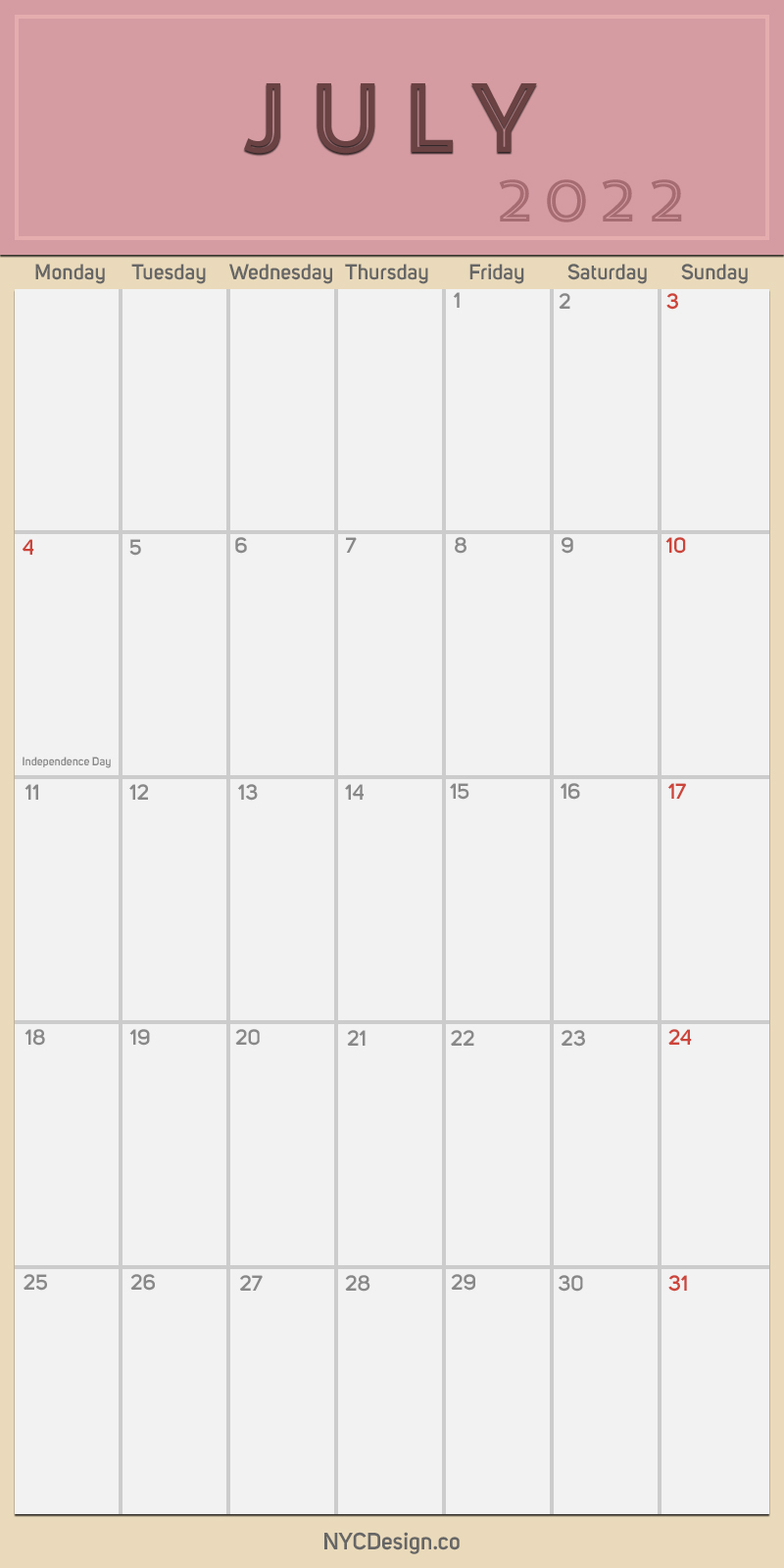 2022 july monthly calendar planner printable free monday start