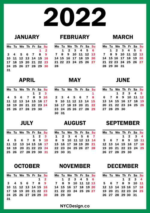 2022 Calendar Printable Free, Green – Monday Start – NYCDesign.co ...