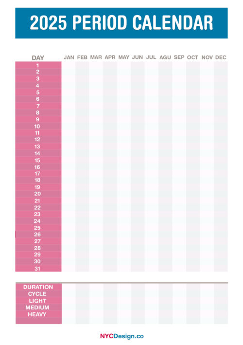 2025 Period Calendar, Printable, Free Red, Blue NYCDesign.co