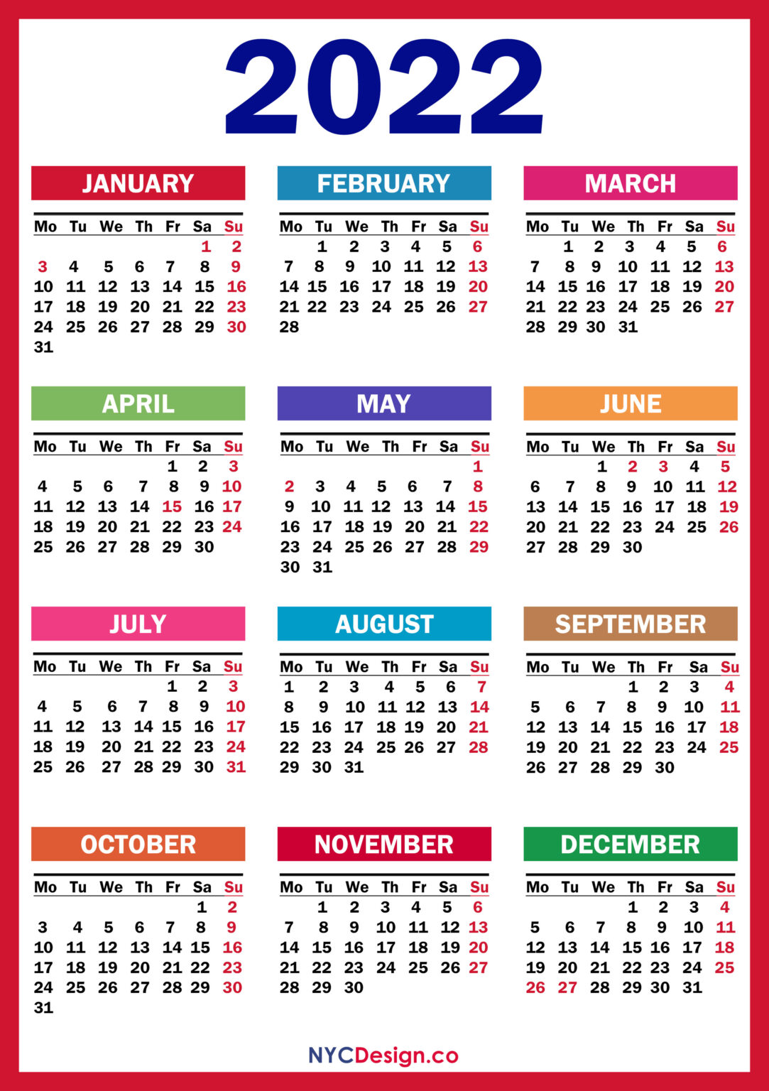 2022 Calendar with UK Holidays, Printable, Free, PDF, Colorful, Red ...