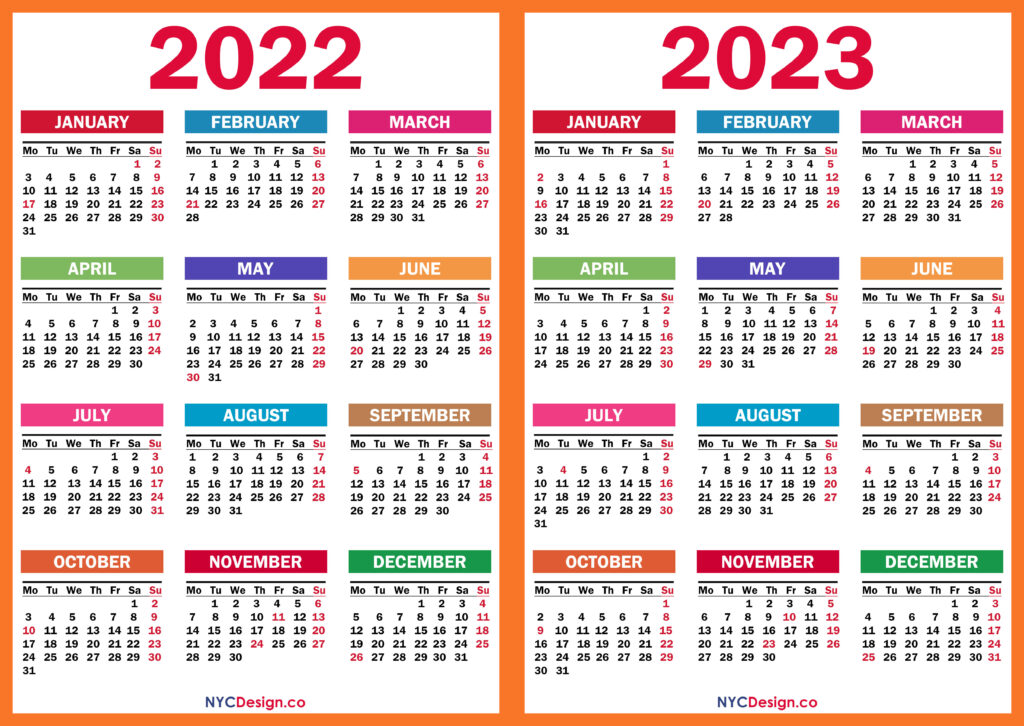 2022 – 2023 Two Year Calendar With Us Holidays, Printable Free 