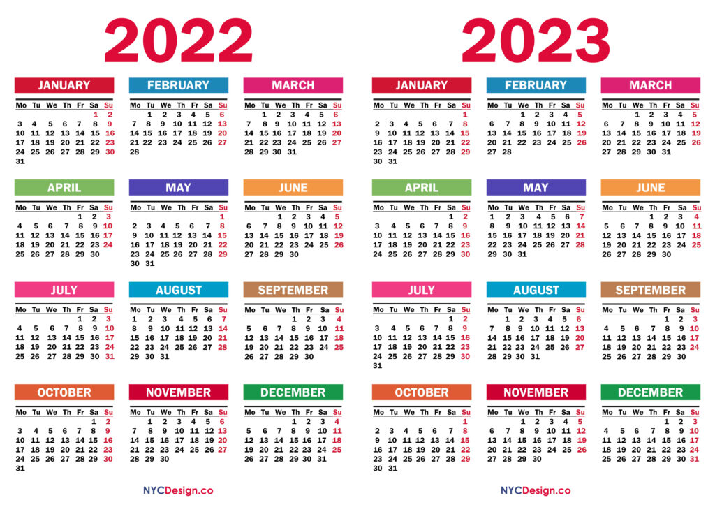 2022 – 2023 Two Year Calendar Printable Free, Colorful – NYCDesign.co ...