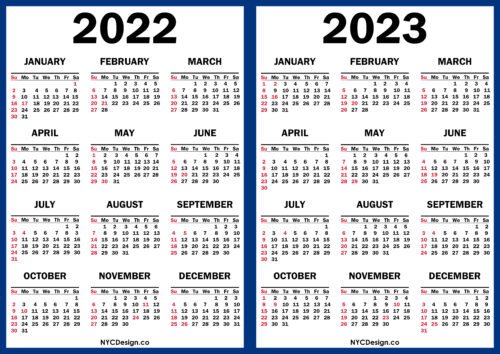 2022 – 2023 Two Year Calendar With Us Holidays, Printable Free, Blue 