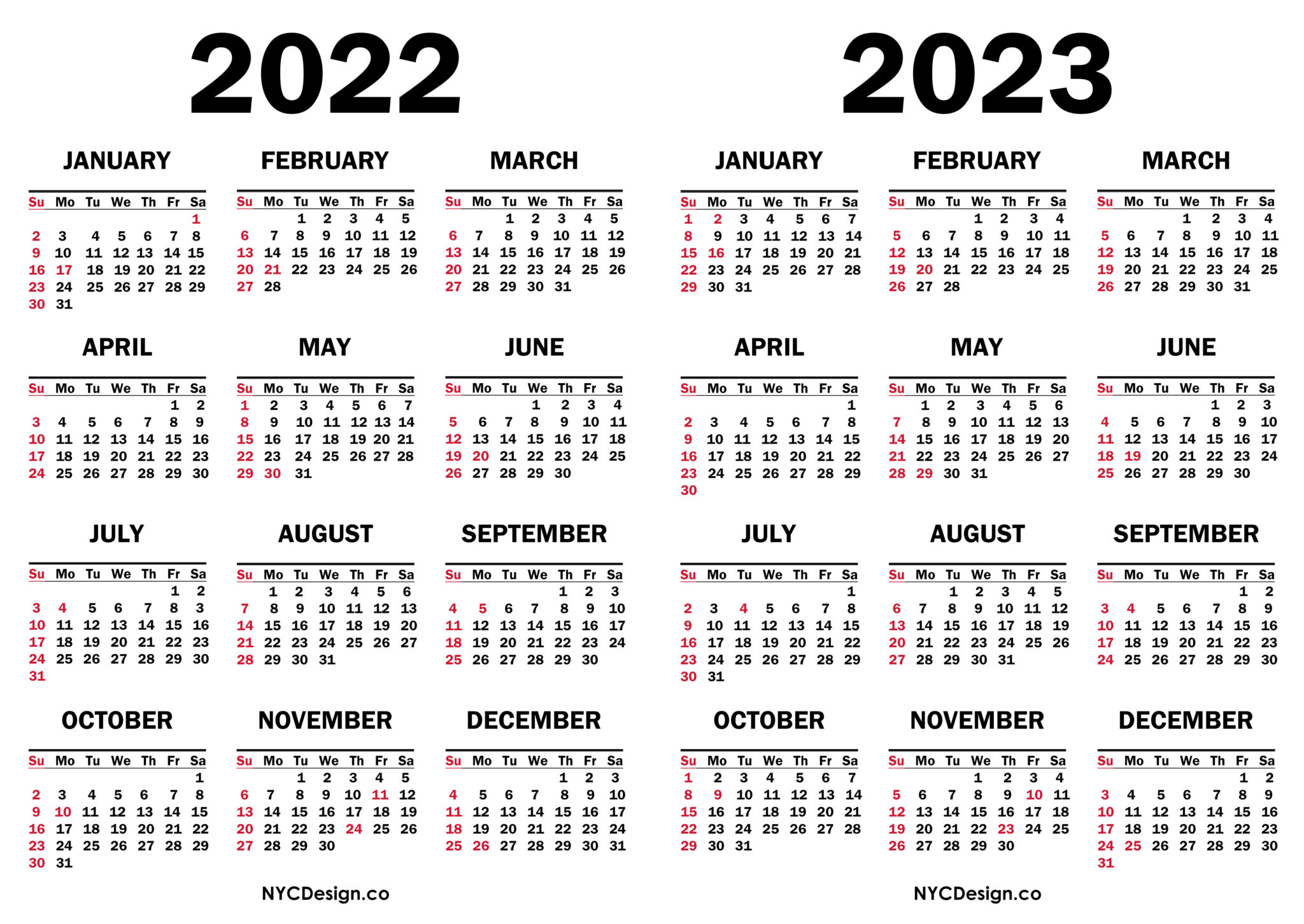 2022 – 2023 Two Year Calendar with US Holidays, Printable Free ...