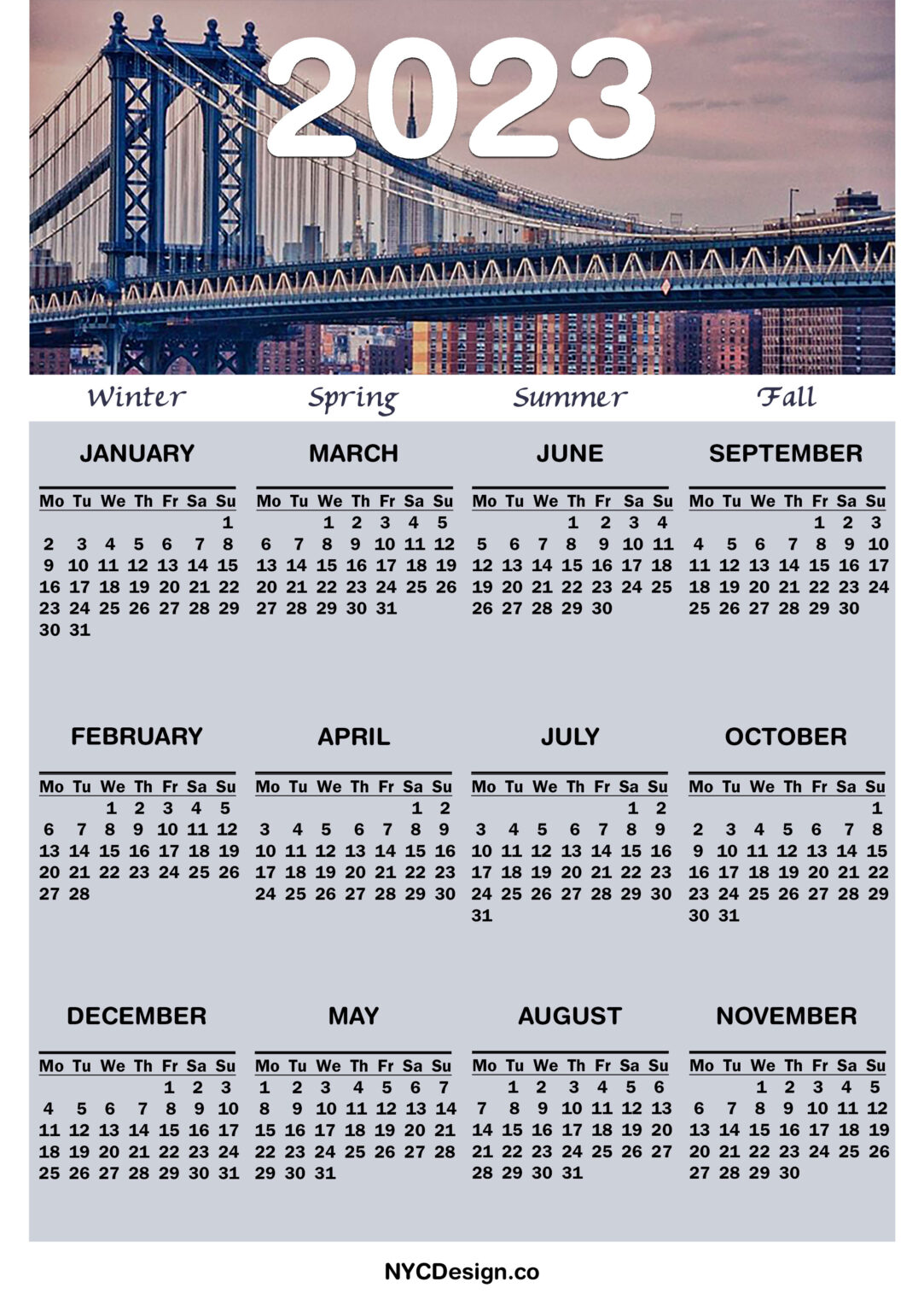 2023 Printable Free New York Calendar Monday Start NYCDesign.co