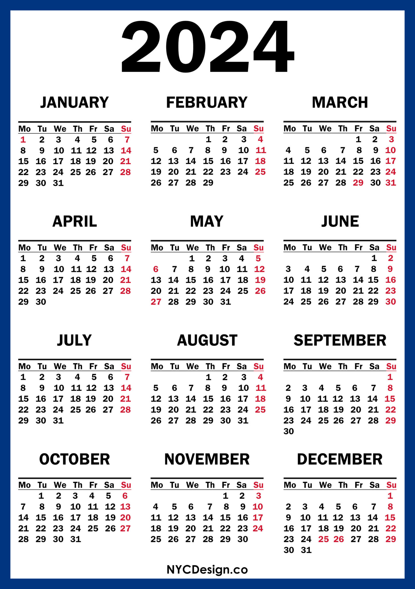 2024 Calendar with UK Holidays, Printable Free, Blue, Red NYCDesign