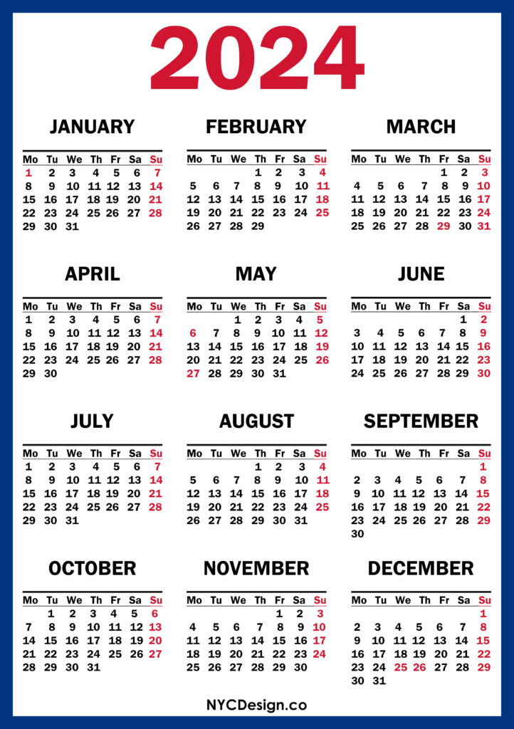 2024 Calendar with UK Holidays, Printable Free, Blue, Red – NYCDesign ...