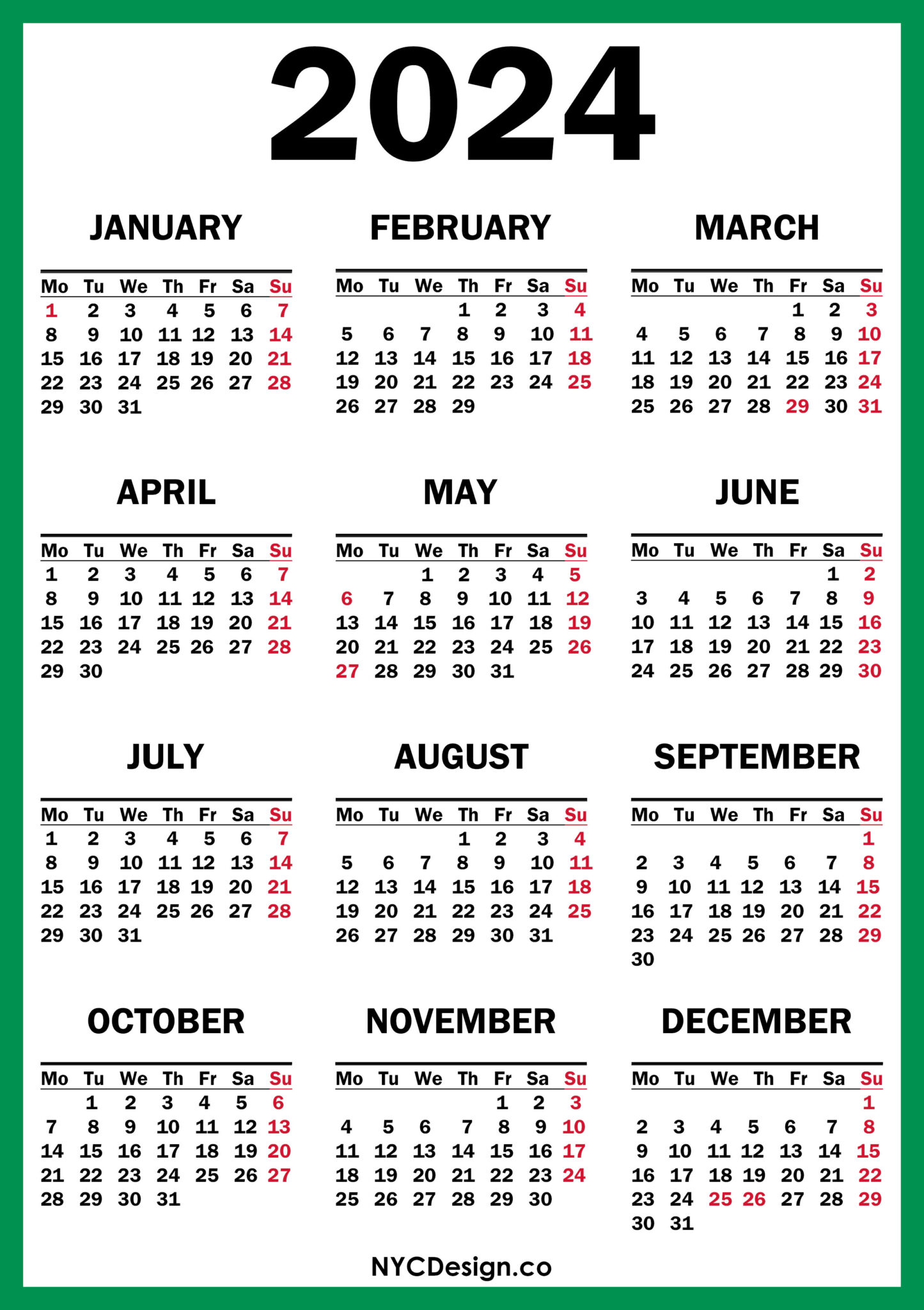 2024 Calendar with UK Holidays, Printable Free, Green, Red NYCDesign