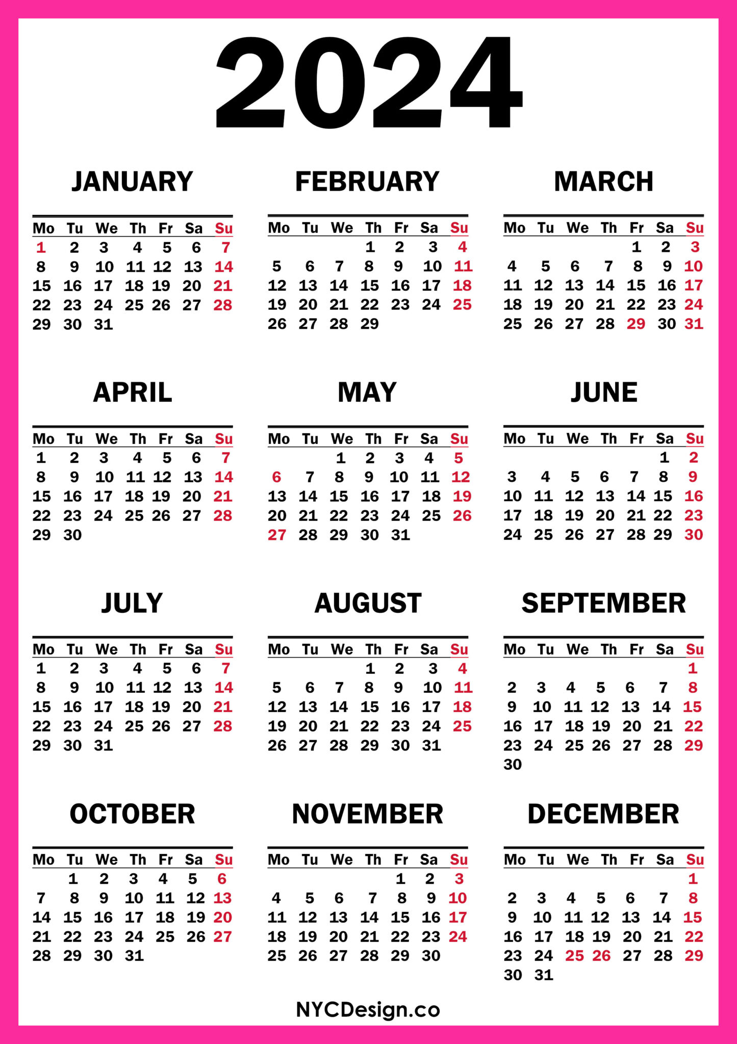2024 Calendar with UK Holidays, Printable Free, Pink NYCDesign.co