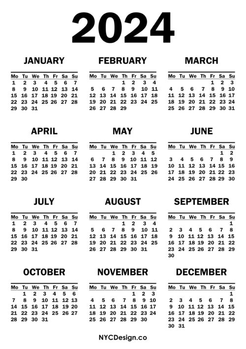 2024 Calendar Printable Free, White – Monday Start – NYCDesign.co ...