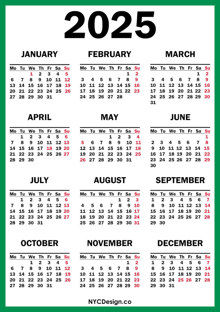 2025 Calendar with UK Holidays, Printable Free, Green, Red NYCDesign