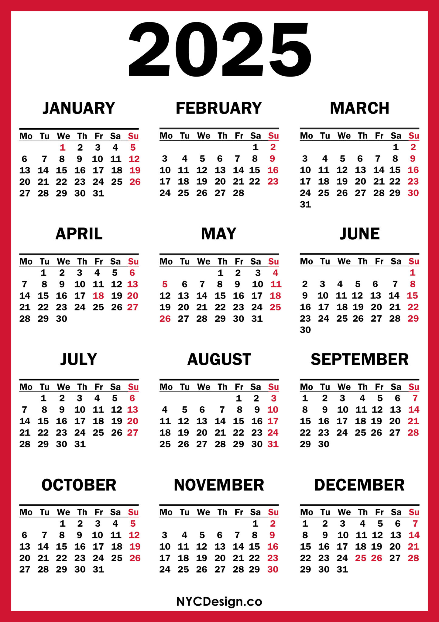 2025 Calendar with UK Holidays, Printable Free, Red NYCDesign.co