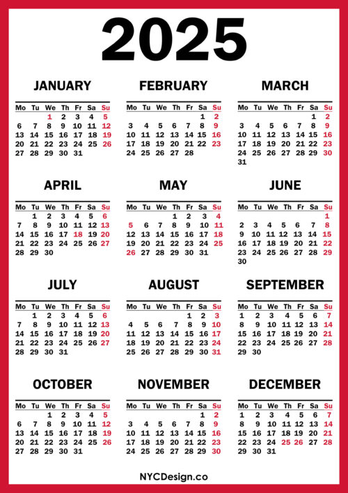 2025 Calendar with UK Holidays, Printable Free, Red – NYCDesign.co ...