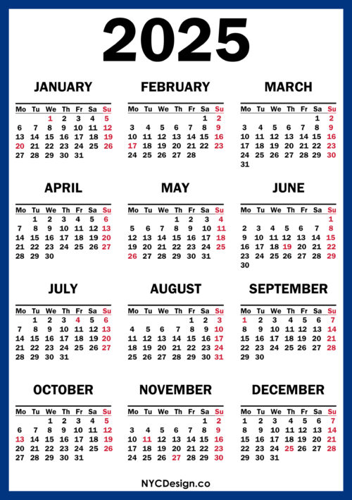 2025 Calendar with US Holidays, Printable Free, Blue, Red Monday