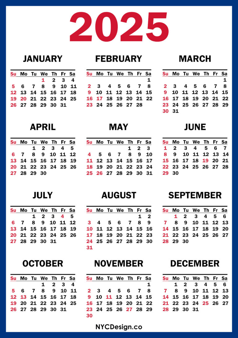 2025 Calendar with US Holidays, Printable Free, Blue, Red Sunday