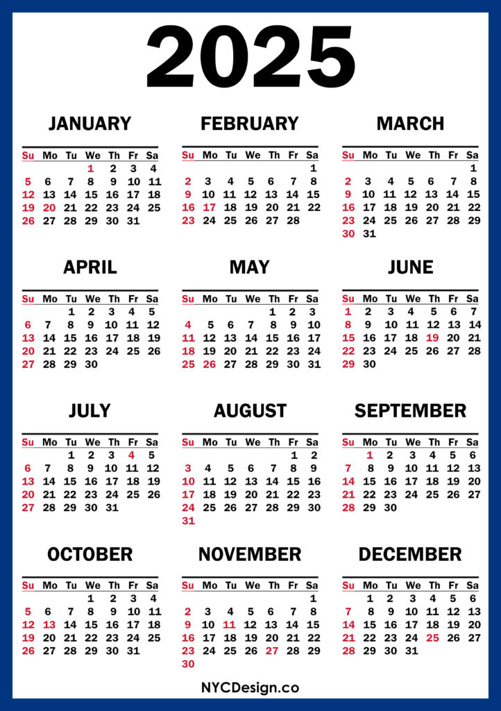 2025 Calendar with US Holidays, Printable Free, Blue, Red Sunday