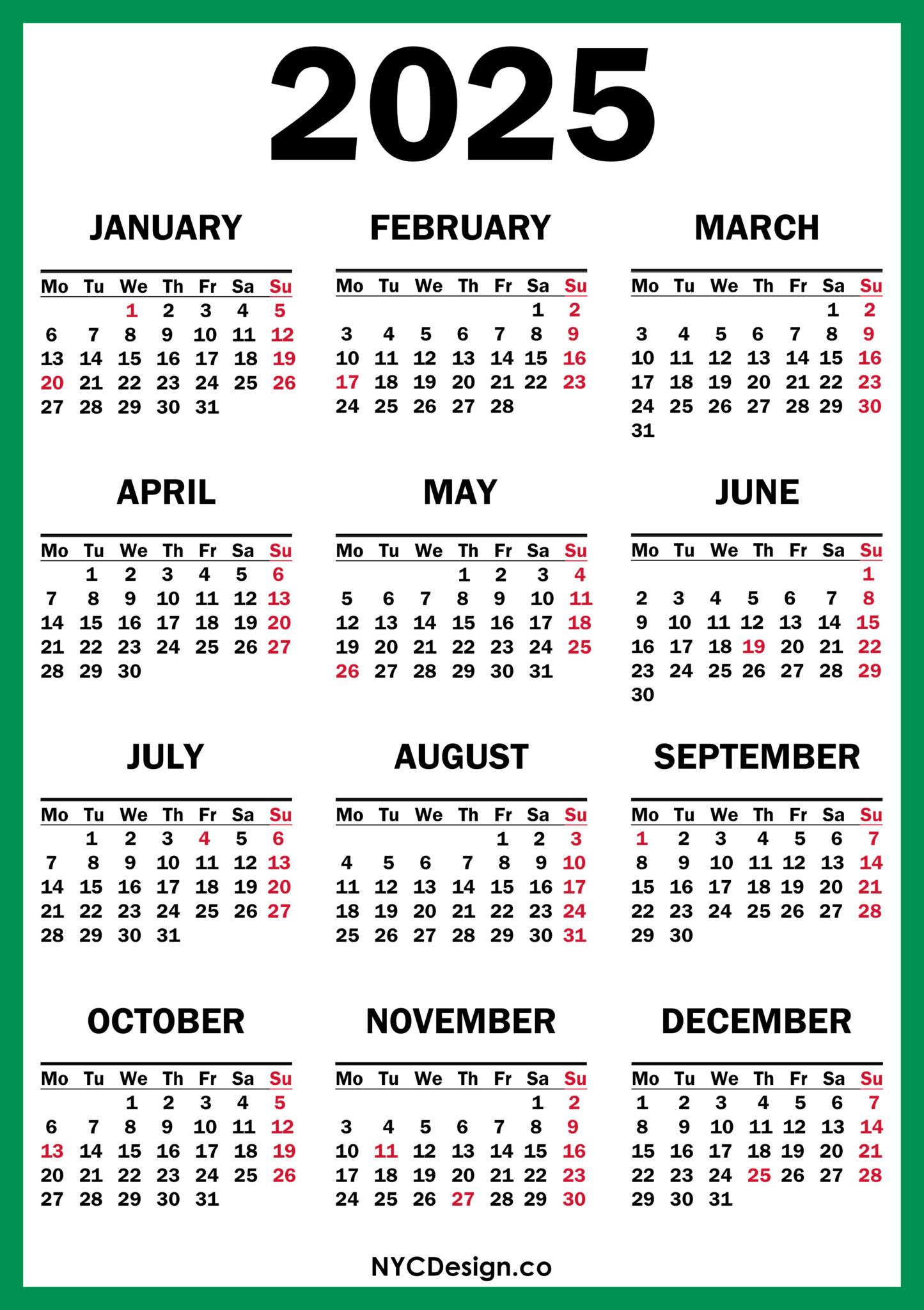 2025 Calendar with US Holidays, Printable Free, Green, Red – Monday ...