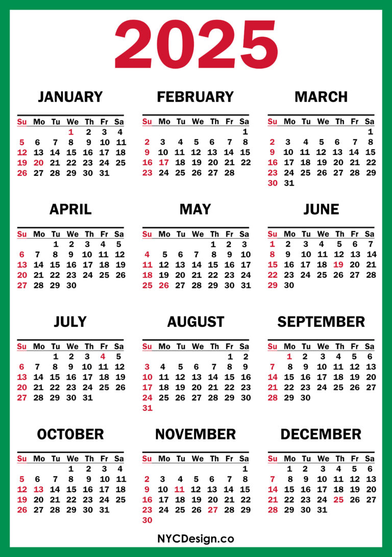 2025 Calendar with US Holidays, Printable Free, Green, Red Sunday
