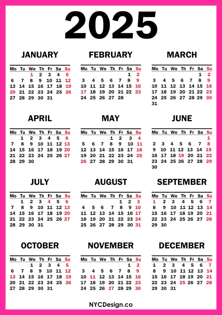 2025 Calendar with US Holidays, Printable Free, Pink Monday Start