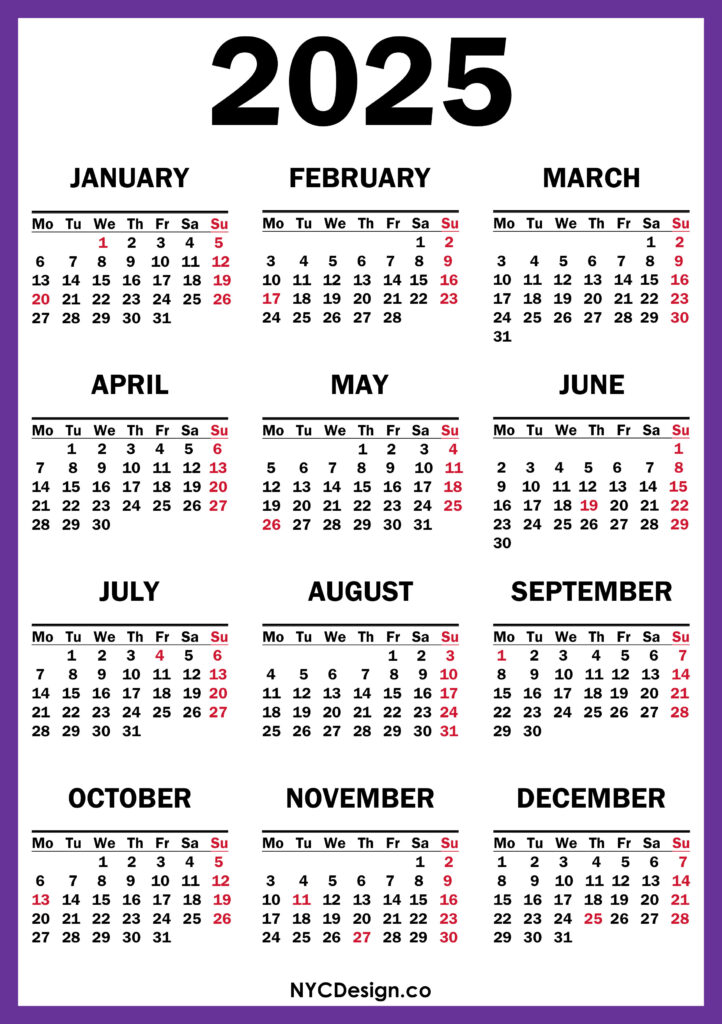 2025 Calendar with US Holidays, Printable Free, Purple Monday Start