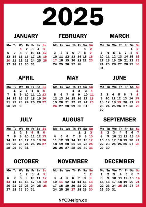 2025 Calendar with US Holidays, Printable Free, Red – Monday Start ...