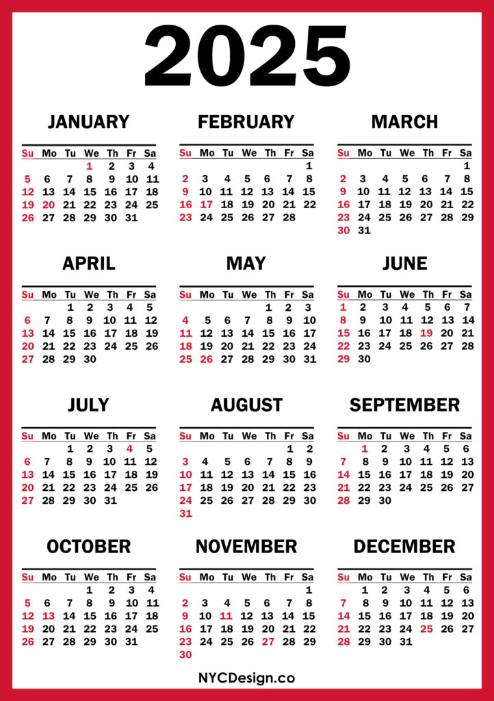2025 Calendar with US Holidays, Printable Free, Red Sunday Start