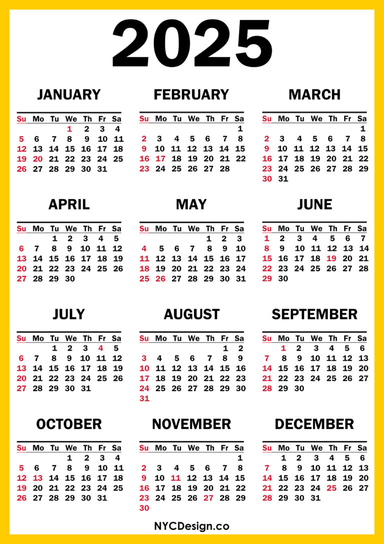 2025 Calendar with US Holidays, Printable Free, Orange, Yellow Sunday