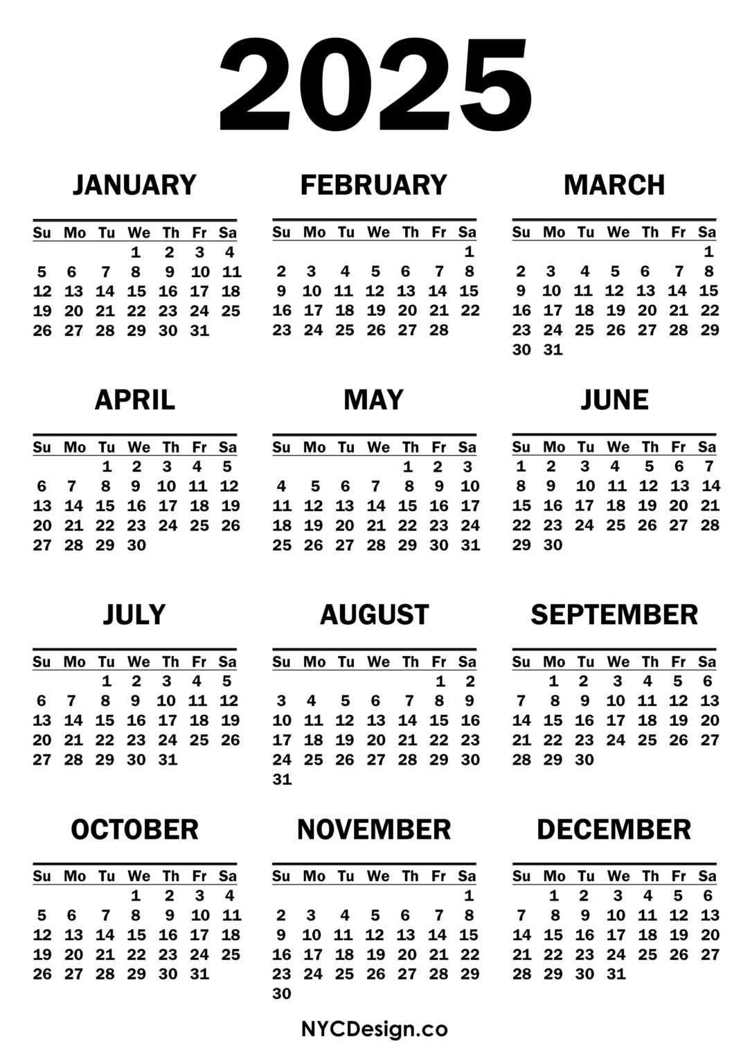 2025 Calendar Printable Free, White Sunday Start NYCDesign.co