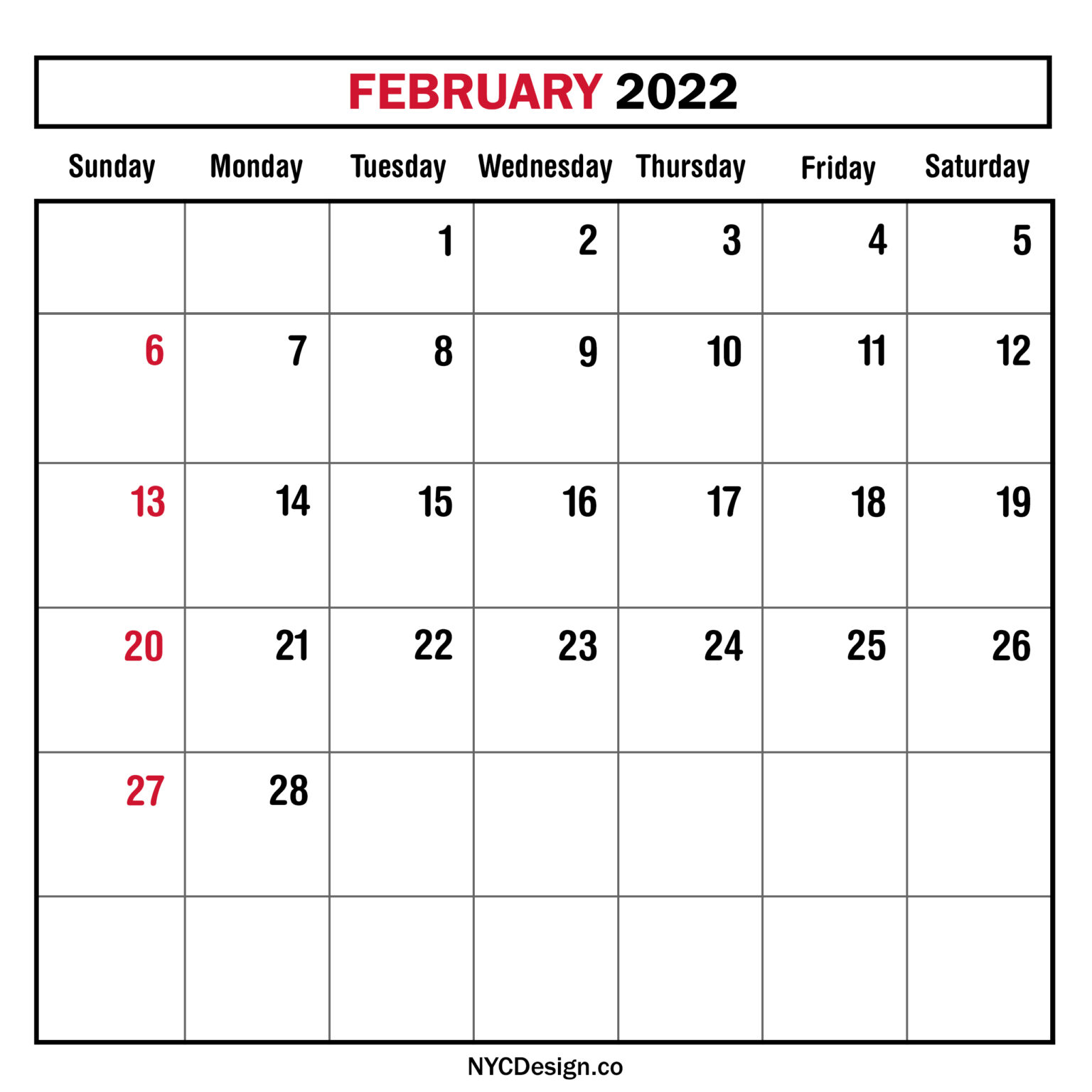 February 2022 Monthly Calendar, Planner, Printable Free – Sunday Start ...