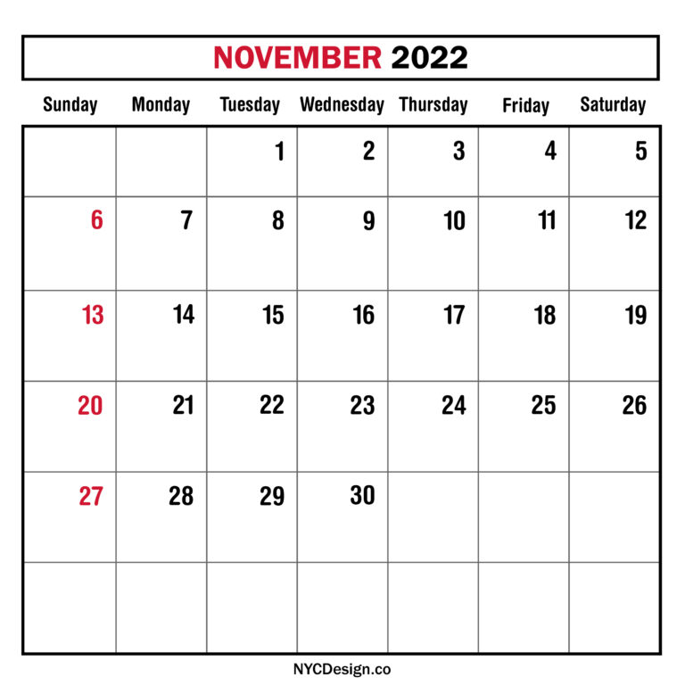 November 2022 Monthly Calendar, Planner, Printable Free – Sunday Start ...