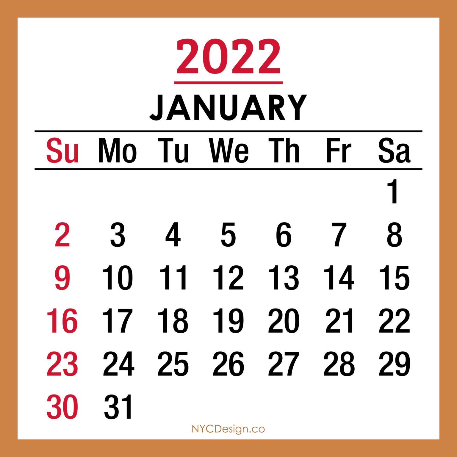2022 Monthly Calendar, Printable Free – Sunday Start, Beige – NYCDesign ...