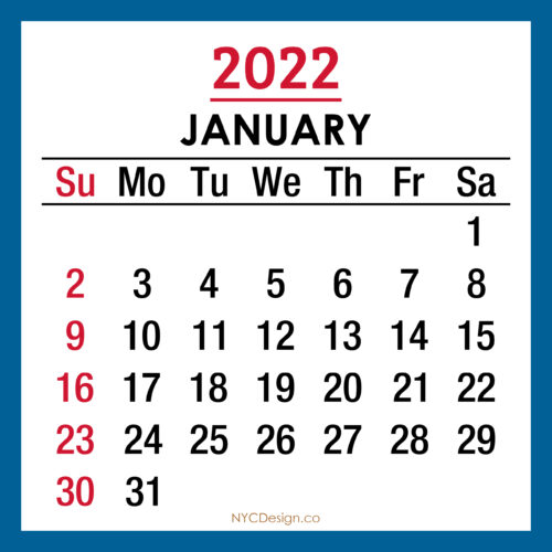 2022 Monthly Calendar, Printable Free – Sunday Start, Blue – NYCDesign ...