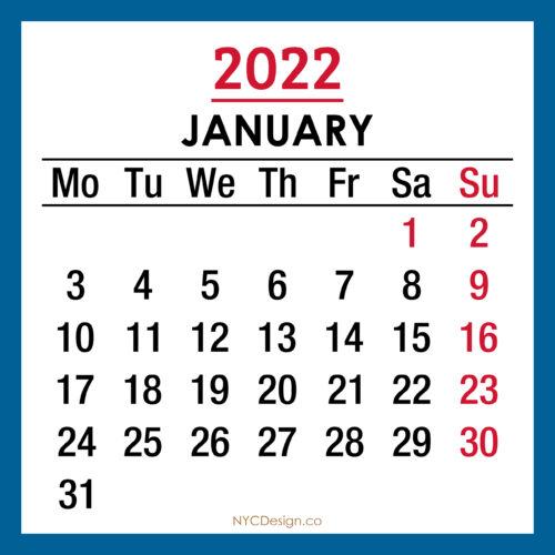 2022 Monthly Calendar, Printable Free – Monday Start, Blue – NYCDesign ...