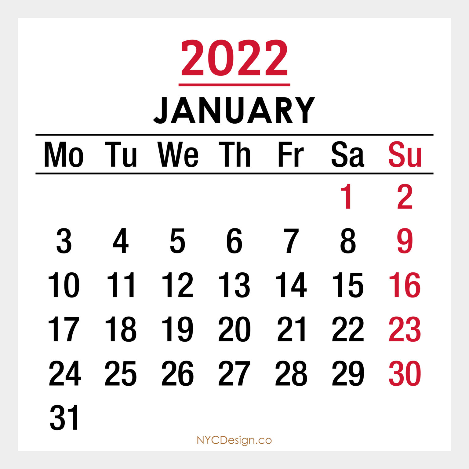 2022 Monthly Calendar, Printable Free – Monday Start, White – NYCDesign ...