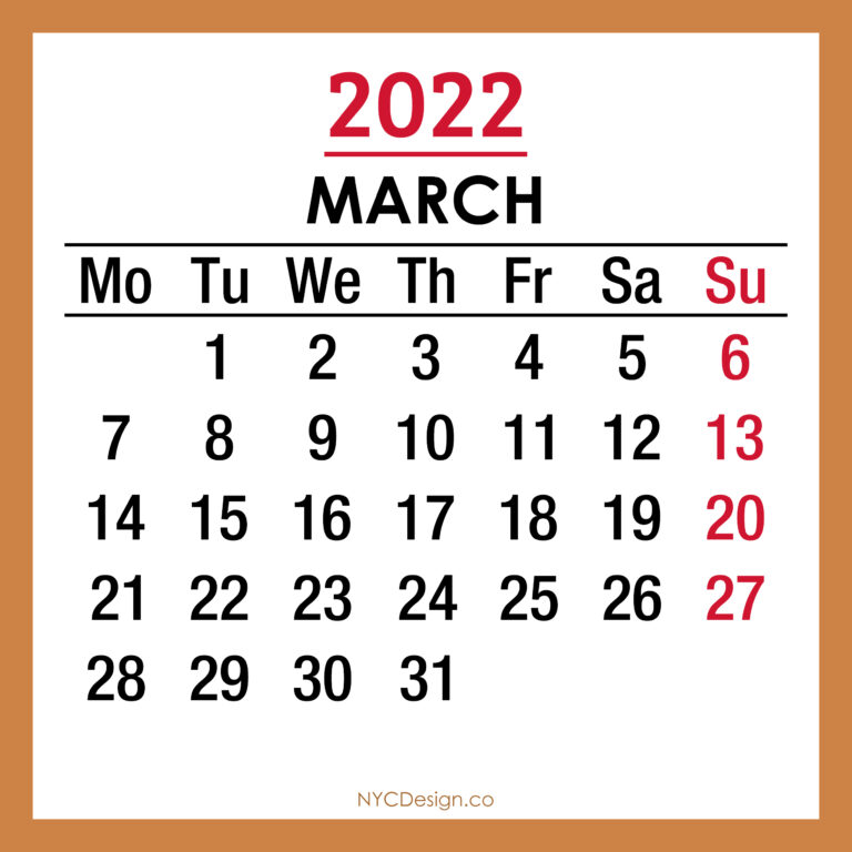 2022 Monthly Calendar, Printable Free – Monday Start, Beige – Nycdesign 