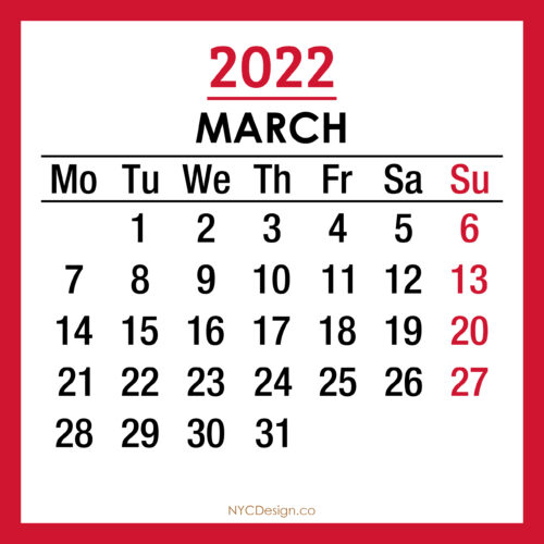 2022 Monthly Calendar, Printable Free – Monday Start, Red – NYCDesign ...